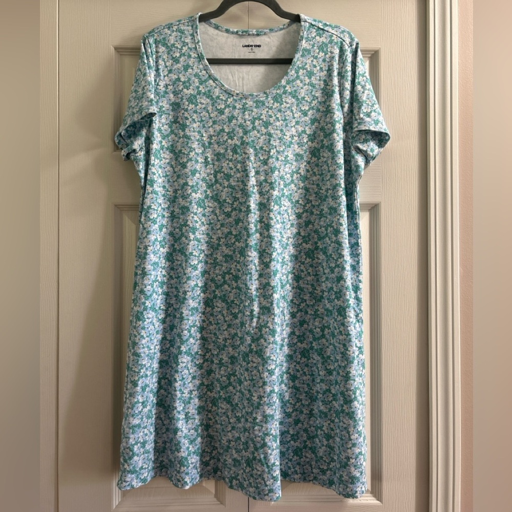 Lands End Nightgown Size XL Green Blue Floral Sleep Shirt Cotton Short Sleeve